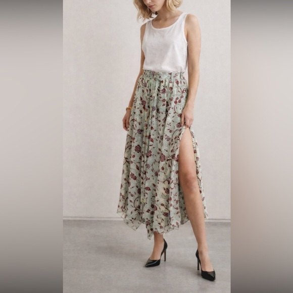 Ulla Johnson Ariana Floral Print Handkerchief Hem Silk Skirt Side Slit Snaps 8 - Picture 3 of 15